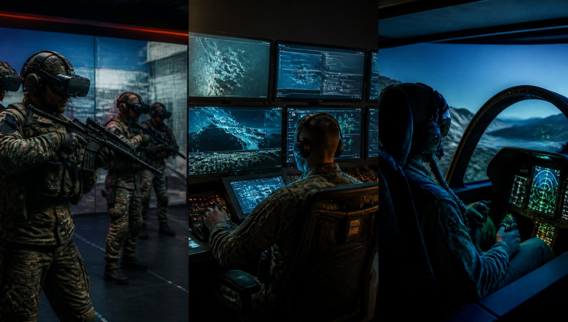 Defense training ecosystem with soldiers, operators, and pilots in simulators